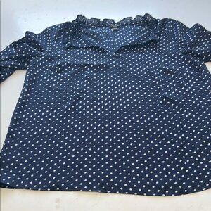 Ann Taylor Factory Small Short Sleeve Navy Blue Dotted V Neck Blouse
